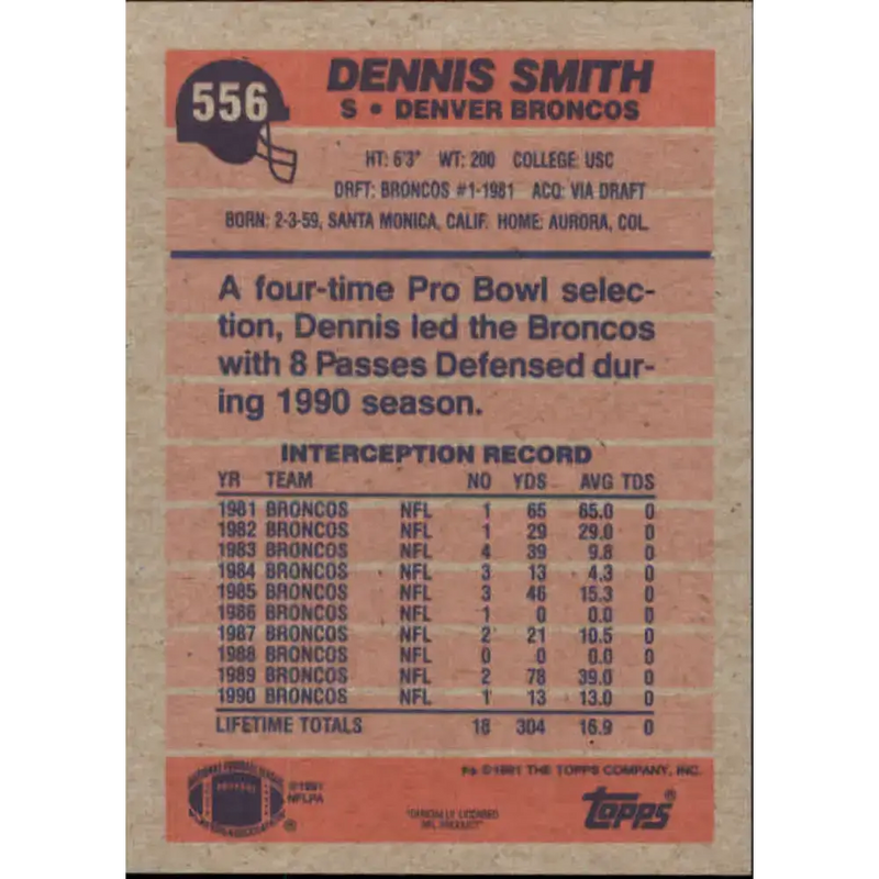 1991 Topps #556 Dennis Smith NM-MT Denver Broncos Football Card - Football Card Single