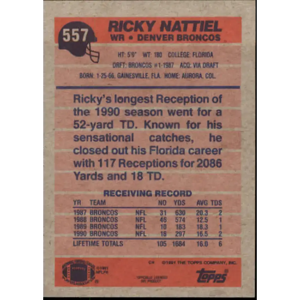 1991 Topps #557 Ricky Nattiel NM-MT Denver Broncos Football Card - Football Card Single