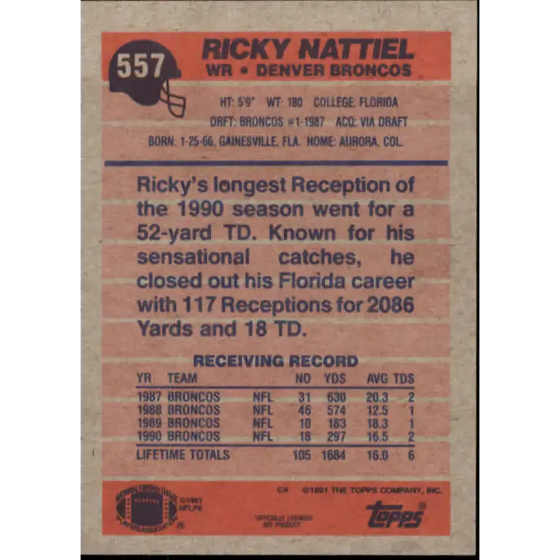 1991 Topps #557 Ricky Nattiel NM-MT Denver Broncos Football Card - Football Card Single