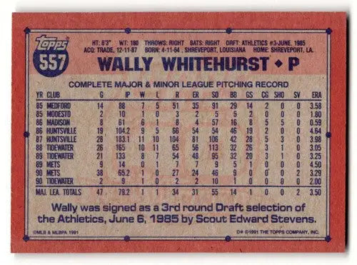 Original gloss Wally Whitehurst Mets baseball card from 1991 Topps #557