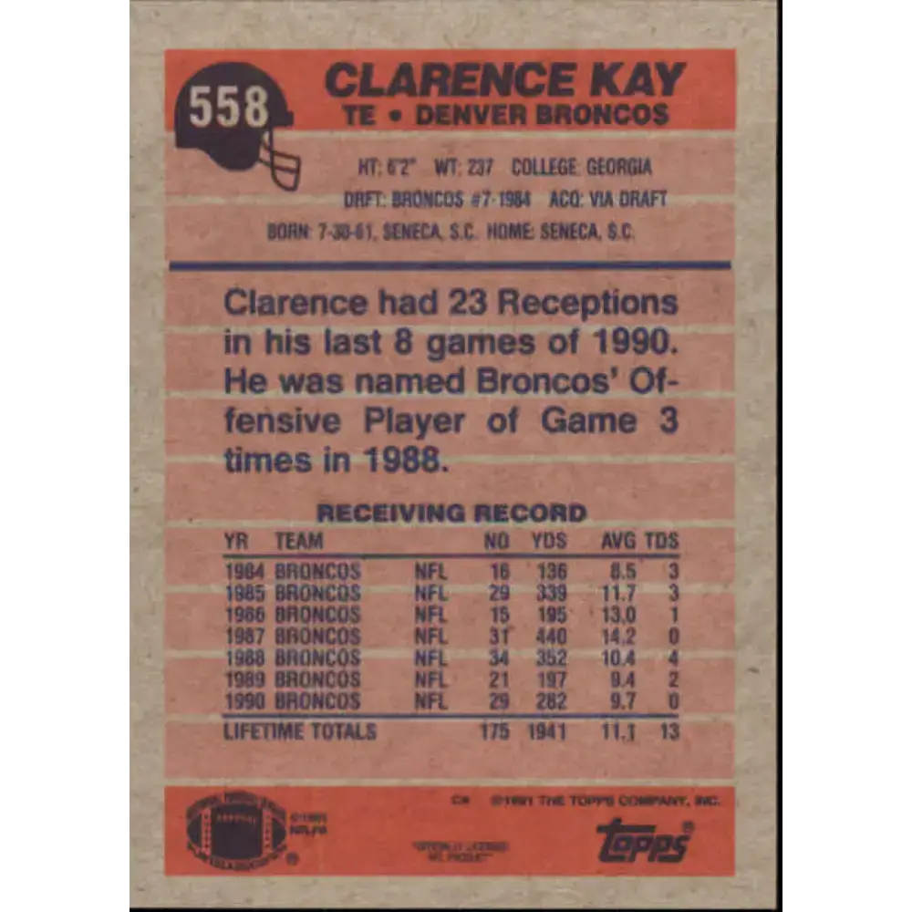 1991 Topps #558 Clarence Kay NM-MT Denver Broncos Football Card - Football Card Single