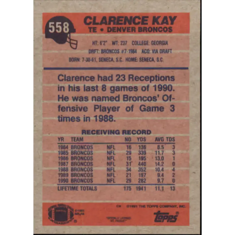 1991 Topps #558 Clarence Kay NM-MT Denver Broncos Football Card - Football Card Single