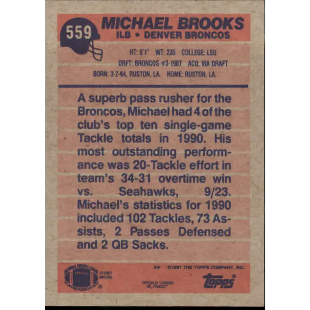1991 Topps #559 Michael Brooks NM-MT Denver Broncos Football Card - Football Card Single