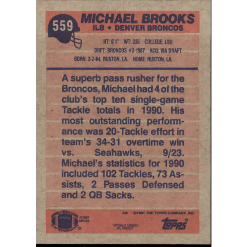 1991 Topps #559 Michael Brooks NM-MT Denver Broncos Football Card - Football Card Single
