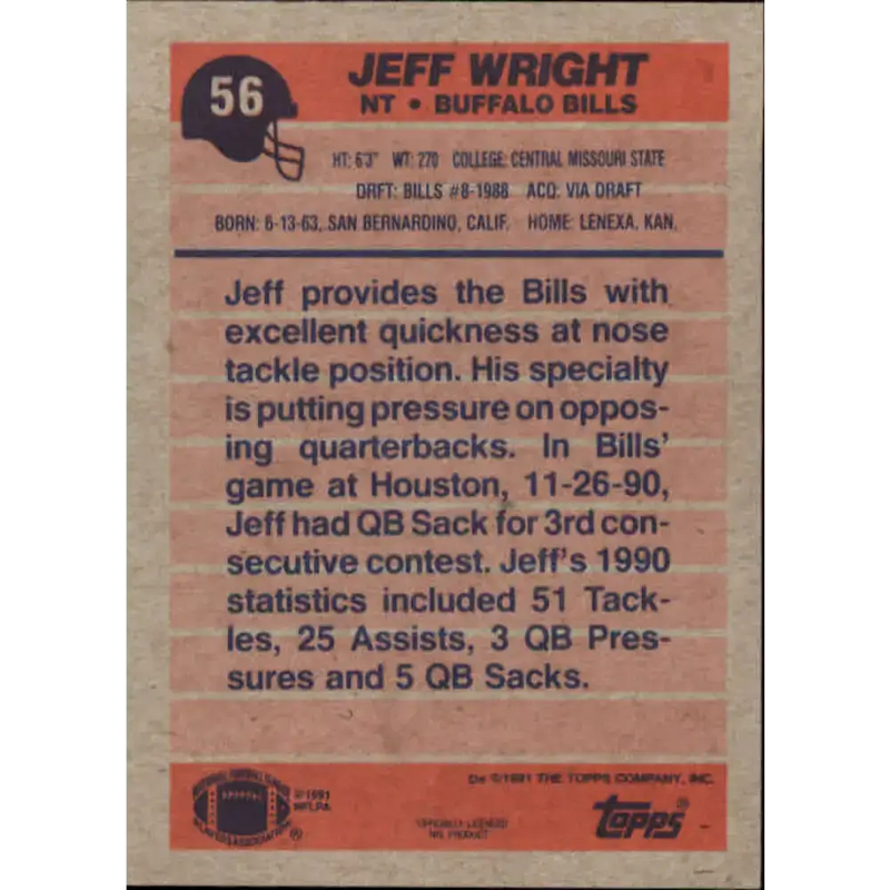 1991 Topps #56 Jeff Wright NM-MT RC Rookie Buffalo Bills Football Card - Football Card Single