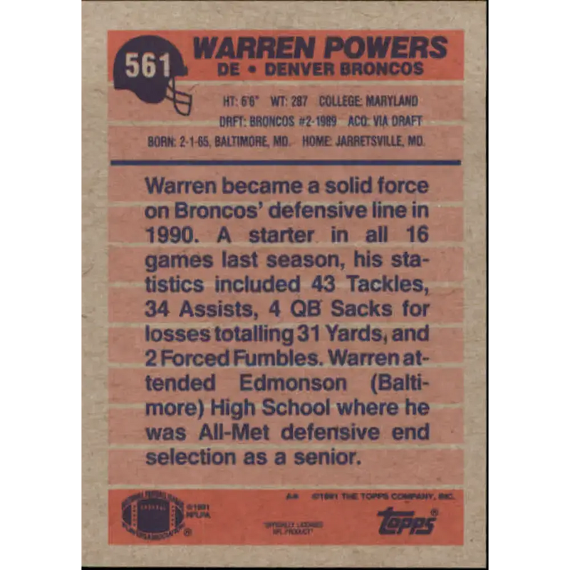 1991 Topps #561 Warren Powers NM-MT Denver Broncos Football Card - Football Card Single