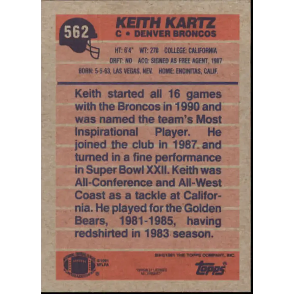 1991 Topps #562 Keith Kartz NM-MT RC Rookie Denver Broncos Football Card - Football Card Single