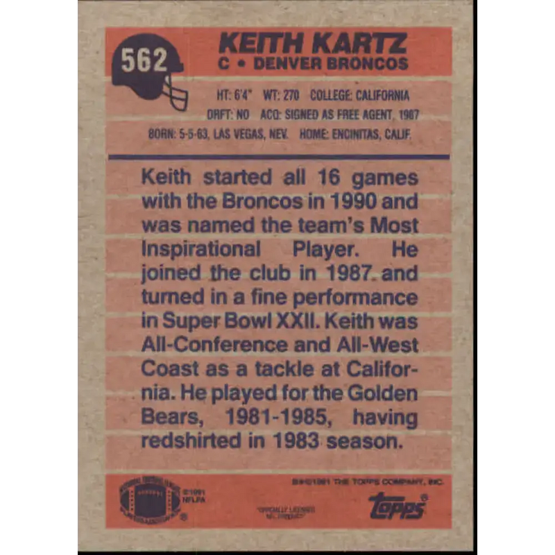 1991 Topps #562 Keith Kartz NM-MT RC Rookie Denver Broncos Football Card - Football Card Single