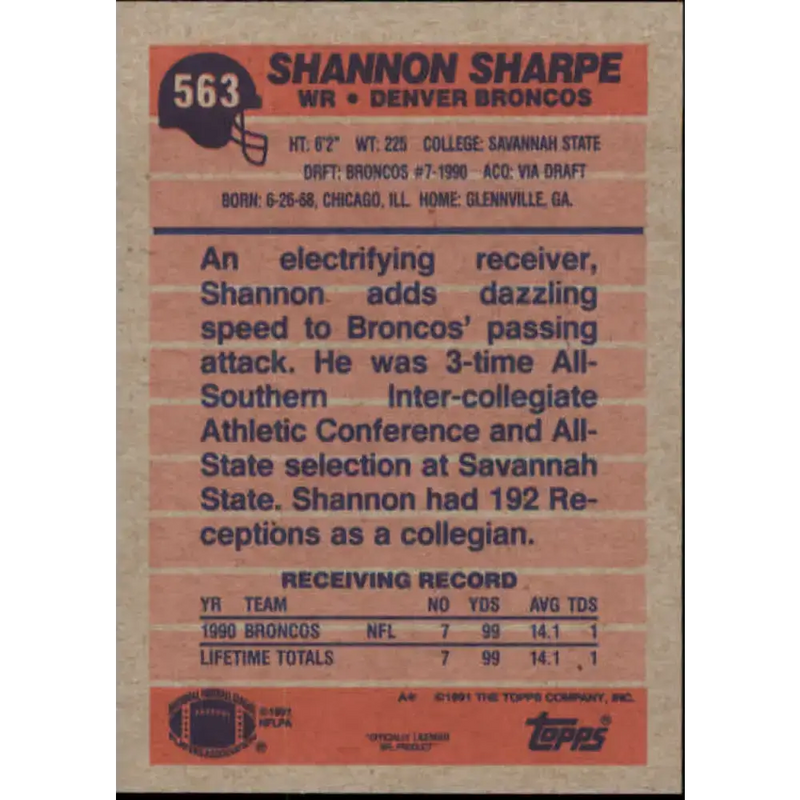 1991 Topps #563 Shannon Sharpe NM-MT Denver Broncos Football Card - Football Card Single