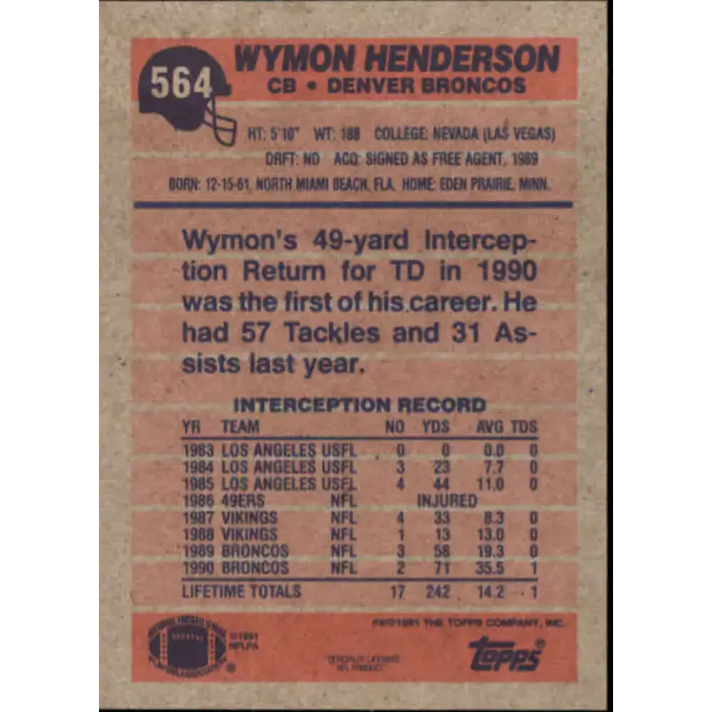 1991 Topps #564 Wymon Henderson NM-MT Denver Broncos Football Card - Football Card Single