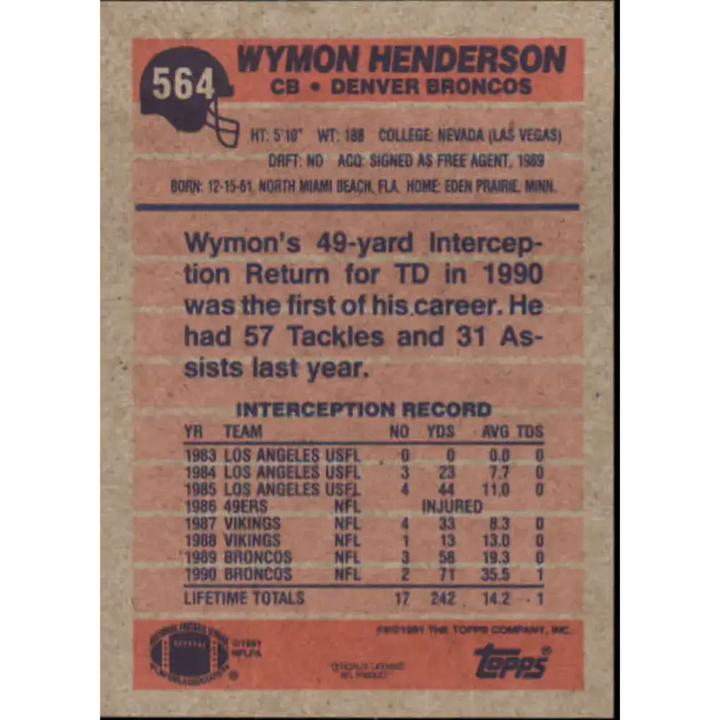 1991 Topps #564 Wymon Henderson NM-MT Denver Broncos Football Card - Football Card Single