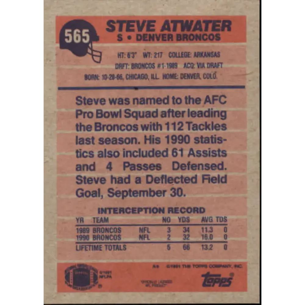 1991 Topps #565 Steve Atwater NM-MT Denver Broncos Football Card - Football Card Single