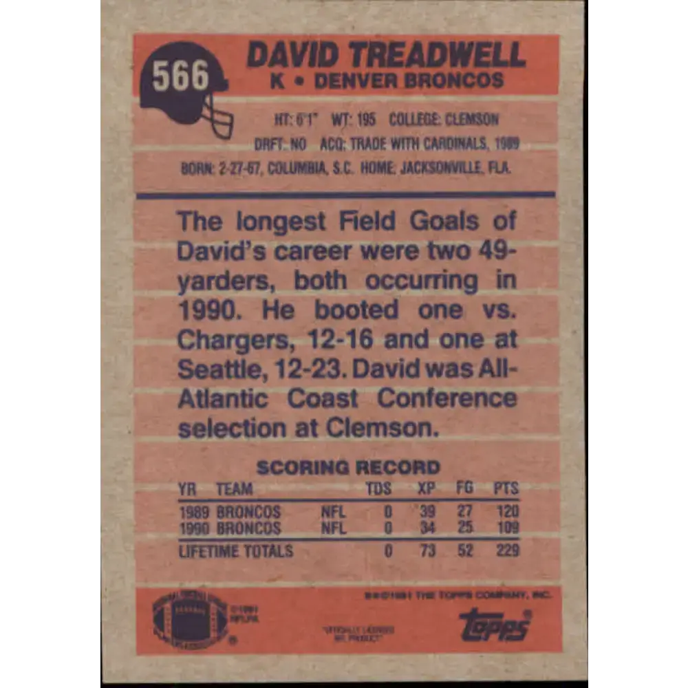 1991 Topps #566 David Treadwell NM-MT Denver Broncos Football Card - Football Card Single