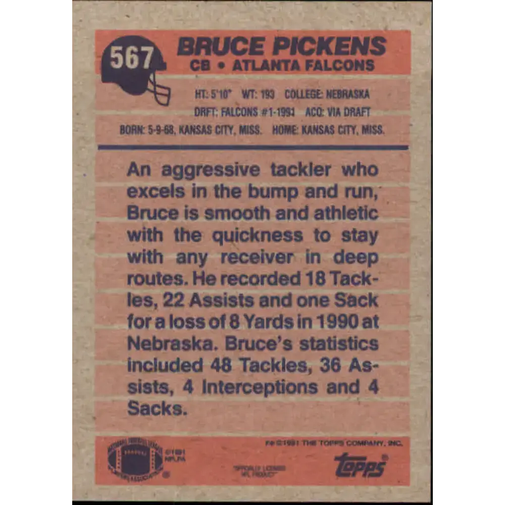 1991 Topps #567 Bruce Pickens NM-MT RC Rookie Atlanta Falcons Football Card