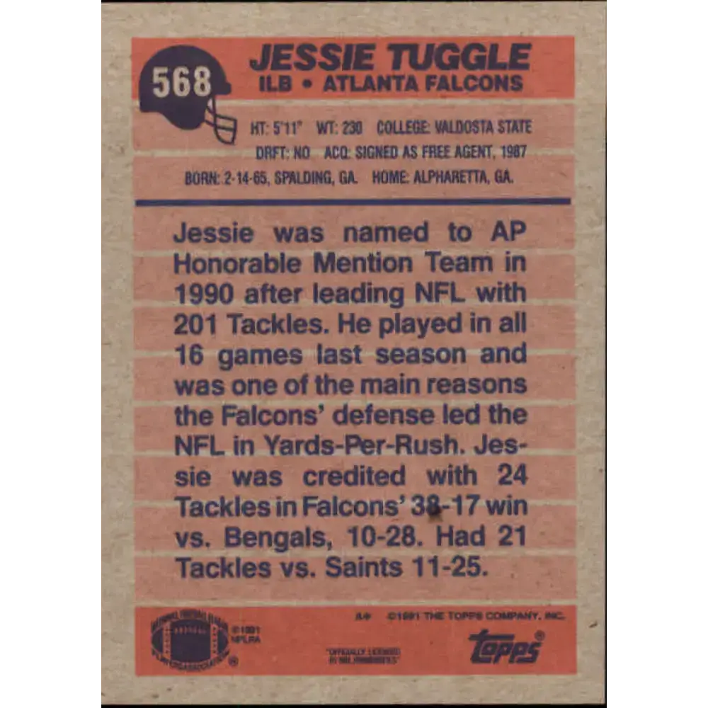 1991 Topps #568 Jessie Tuggle NM-MT Atlanta Falcons Football Card - Football Card Single