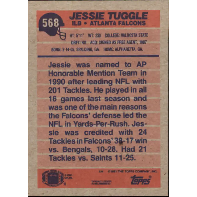 1991 Topps #568 Jessie Tuggle NM-MT Atlanta Falcons Football Card - Football Card Single