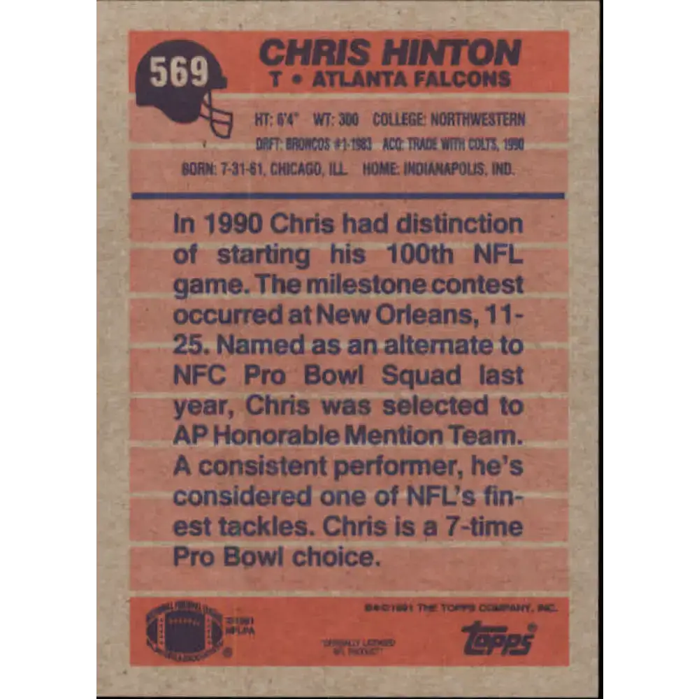 1991 Topps #569 Chris Hinton NM-MT Atlanta Falcons Football Card - Football Card Single