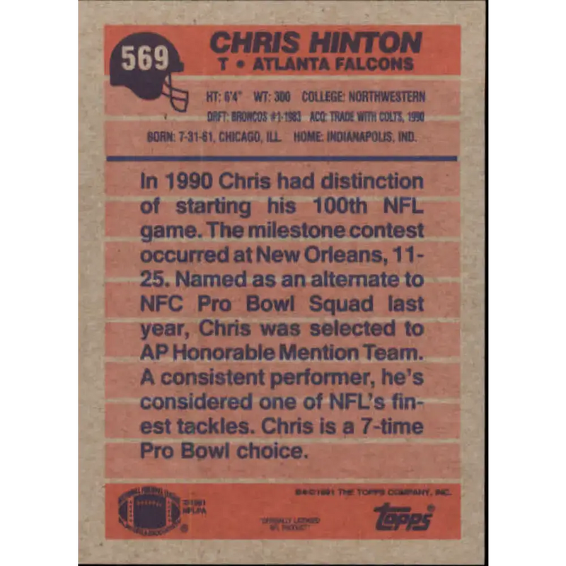 1991 Topps #569 Chris Hinton NM-MT Atlanta Falcons Football Card - Football Card Single