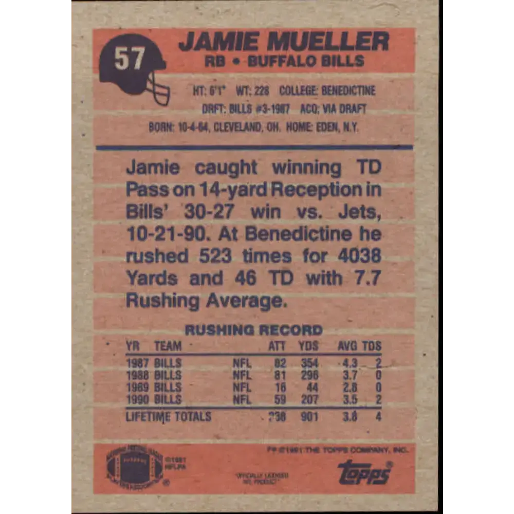 1991 Topps #57 Jamie Mueller NM-MT Buffalo Bills Football Card - Football Card Single