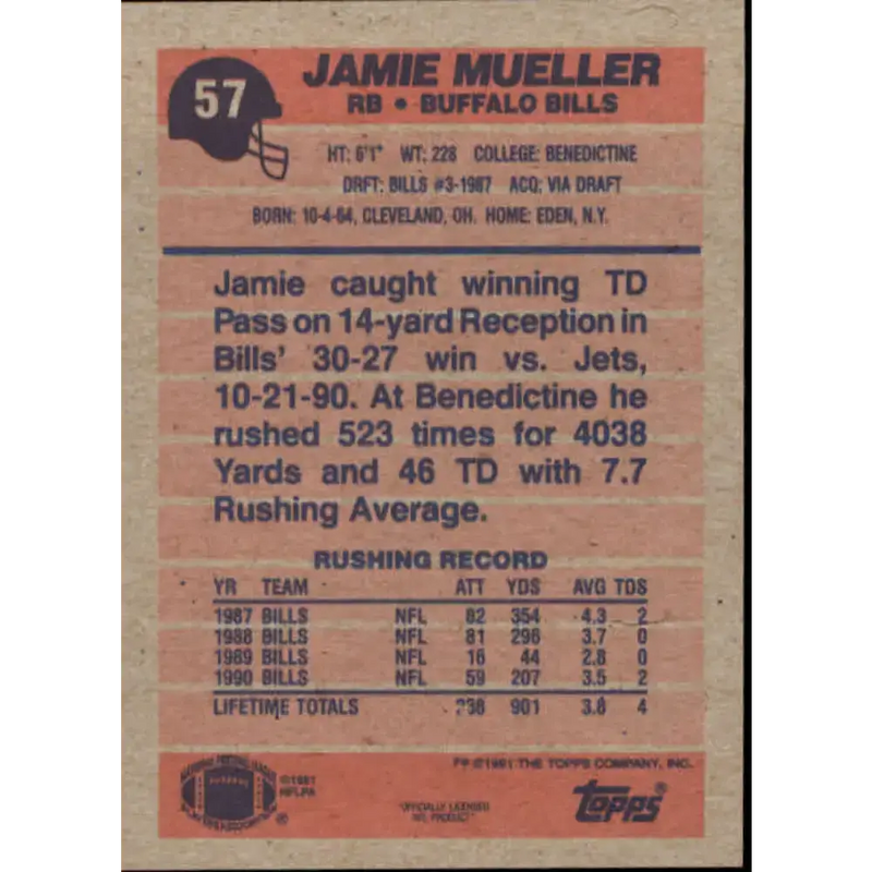 1991 Topps #57 Jamie Mueller NM-MT Buffalo Bills Football Card - Football Card Single