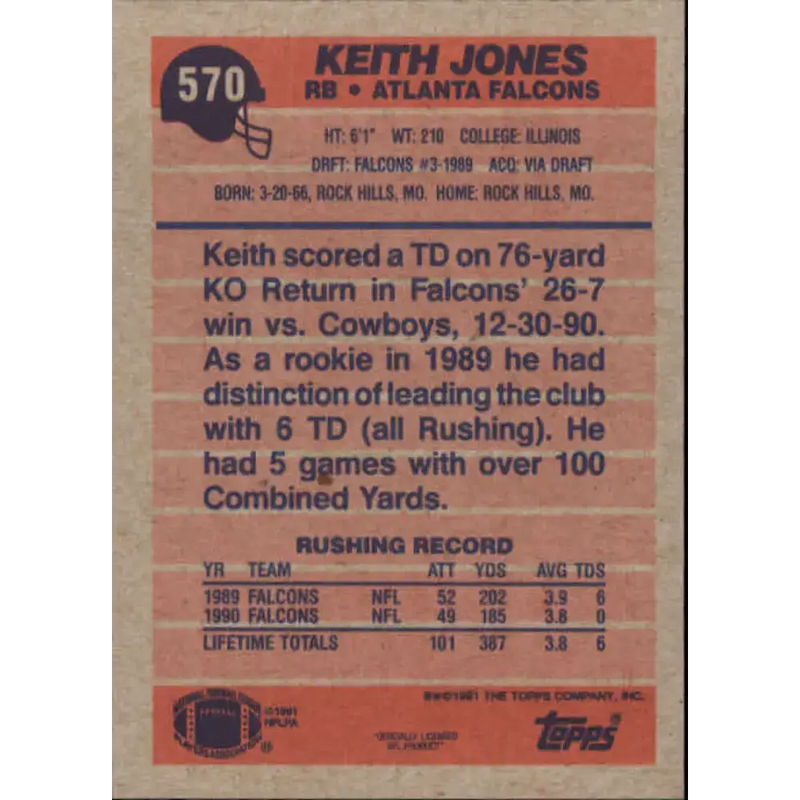 1991 Topps #570 Keith Jones NM-MT Atlanta Falcons Football Card - Football Card Single