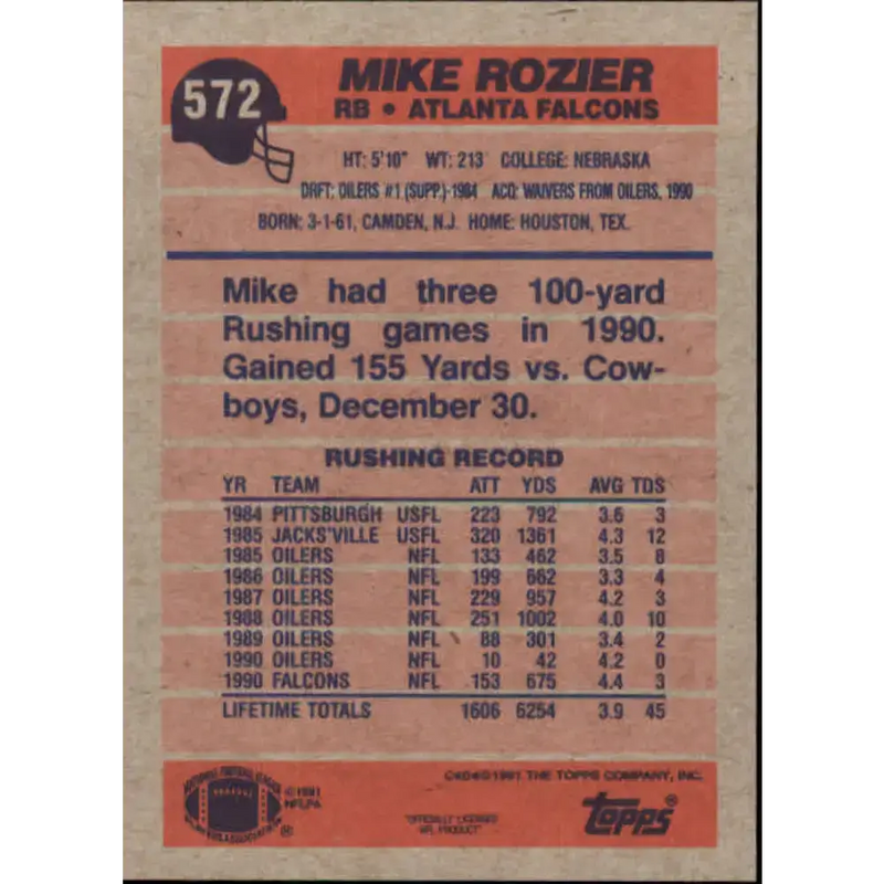 1991 Topps #572 Mike Rozier NM-MT Atlanta Falcons Football Card - Football Card Single