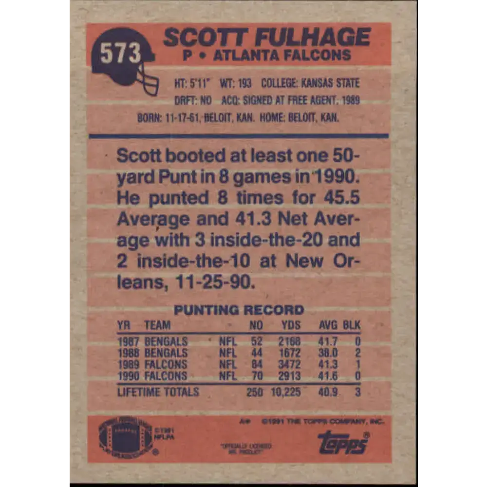 1991 Topps #573 Scott Fulhage NM-MT Atlanta Falcons Football Card - Football Card Single