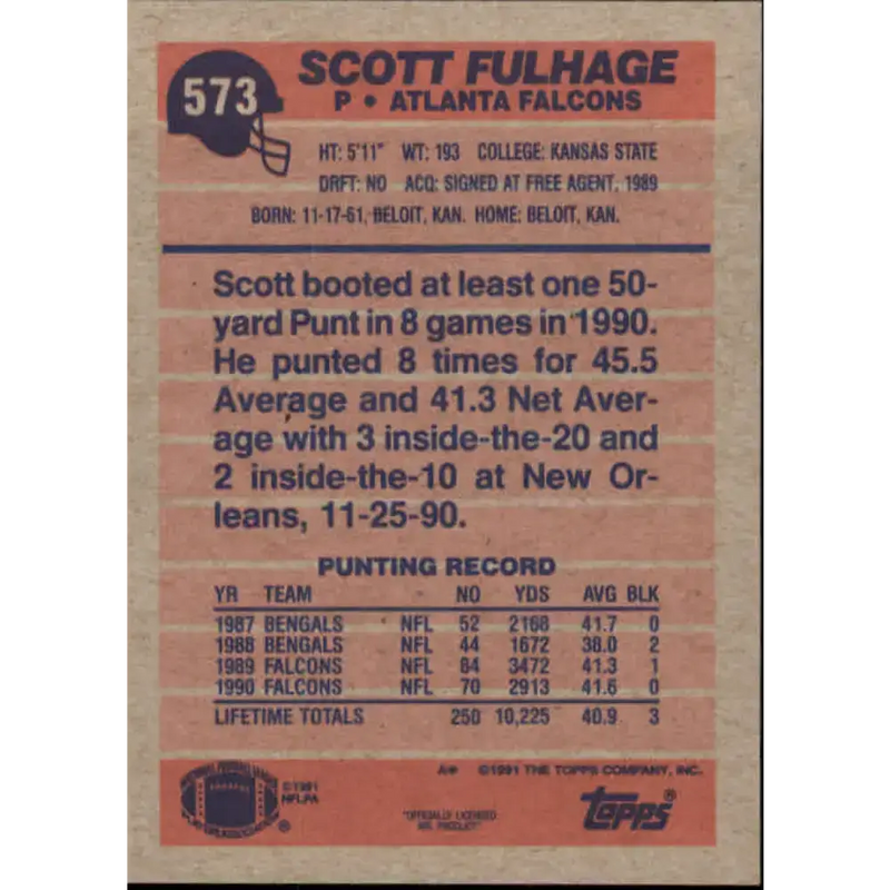 1991 Topps #573 Scott Fulhage NM-MT Atlanta Falcons Football Card - Football Card Single