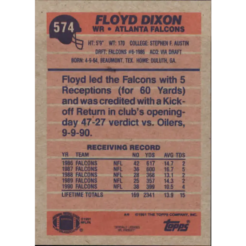 1991 Topps #574 Floyd Dixon NM-MT Atlanta Falcons Football Card - Football Card Single