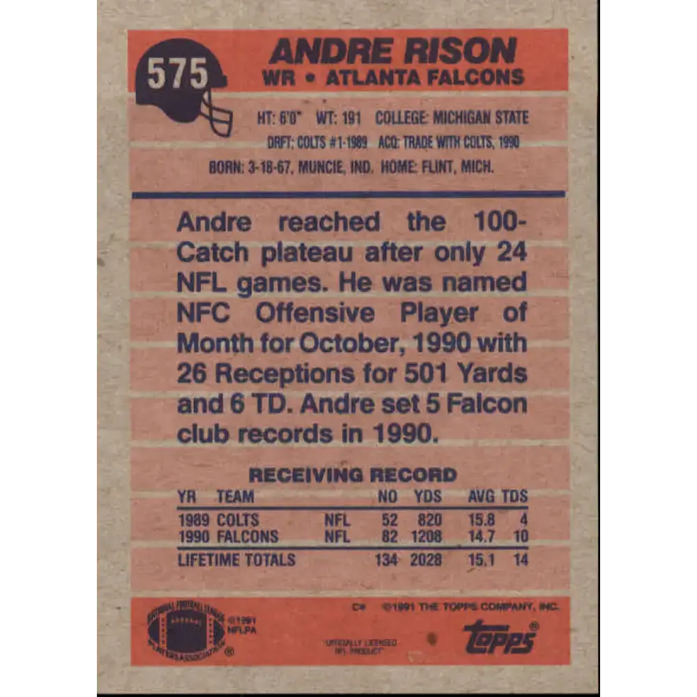 1991 Topps #575 Andre Rison NM-MT Atlanta Falcons Football Card - Football Card Single