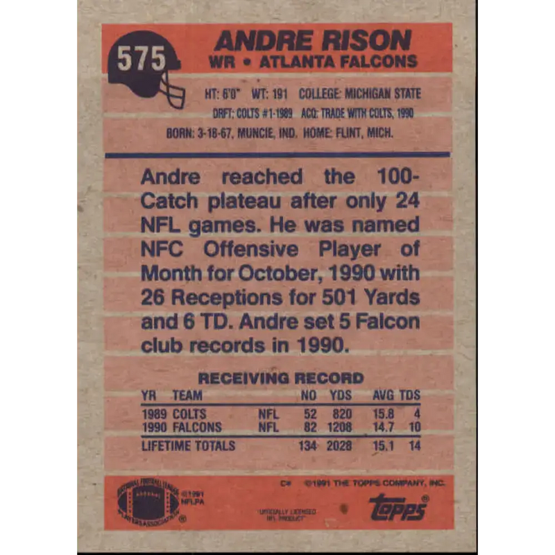 1991 Topps #575 Andre Rison NM-MT Atlanta Falcons Football Card - Football Card Single