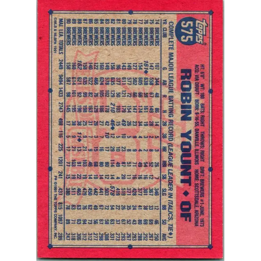 1991 Topps #575 Robin Yount NM-MT Milwaukee Brewers Baseball Card - Baseball Card Single