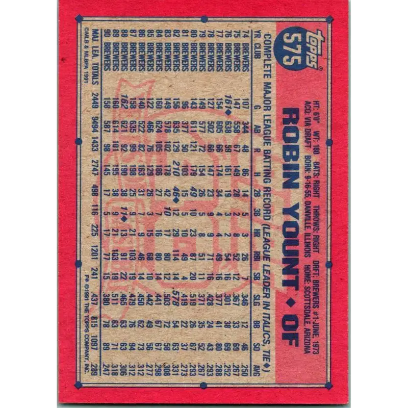 1991 Topps #575 Robin Yount NM-MT Milwaukee Brewers Baseball Card - Baseball Card Single