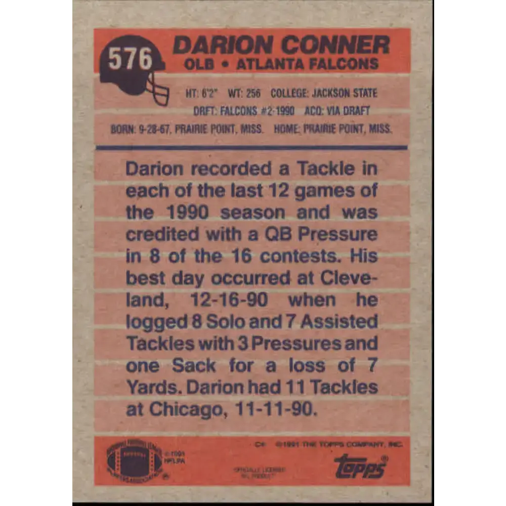 1991 Topps #576 Darion Conner NM-MT RC Rookie Atlanta Falcons Football Card - Football Card Single