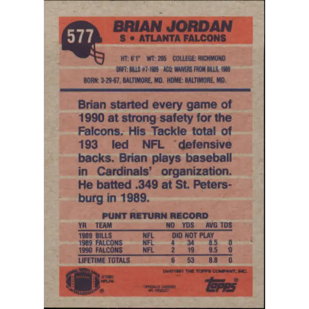 1991 Topps #577 Brian Jordan NM-MT Atlanta Falcons Football Card - Football Card Single
