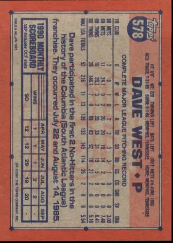 1991 Topps #578 David West NM-MT baseball card back with original gloss