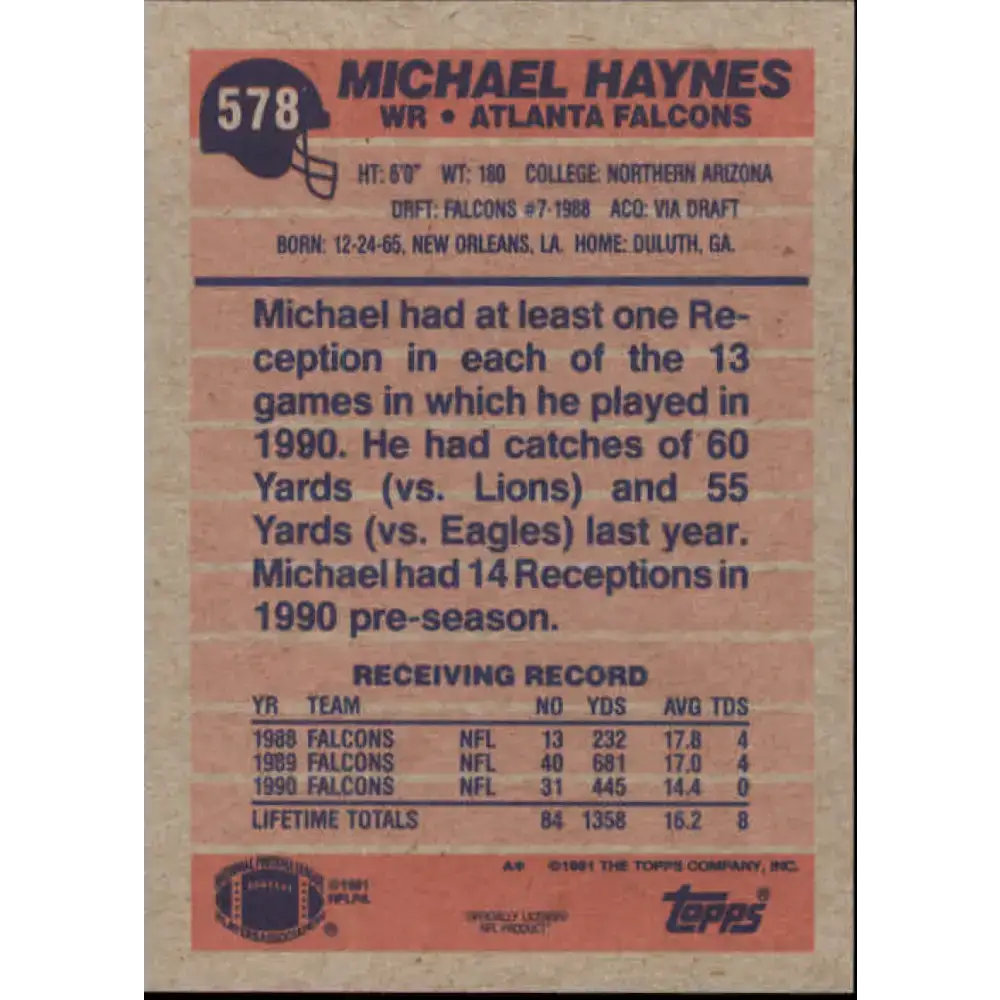 1991 Topps #578 Michael Haynes NM-MT Atlanta Falcons Football Card - Football Card Single