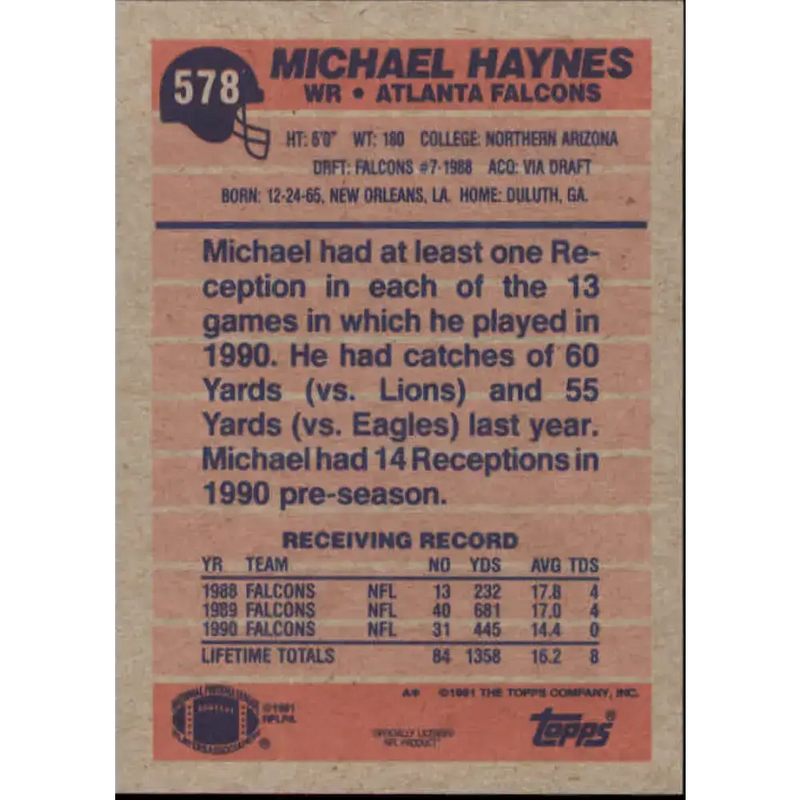 1991 Topps #578 Michael Haynes NM-MT Atlanta Falcons Football Card - Football Card Single