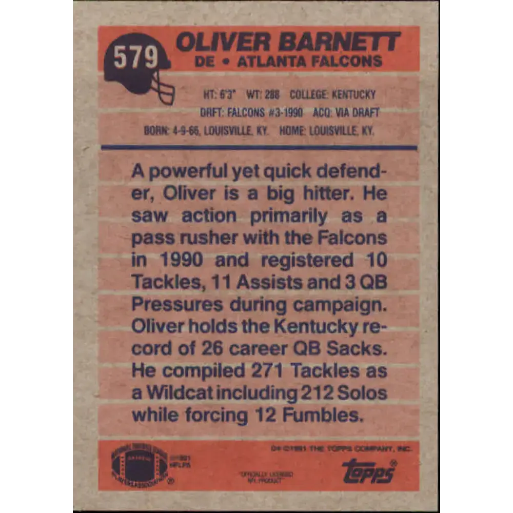 1991 Topps #579 Oliver Barnett NM-MT Atlanta Falcons Football Card - Football Card Single
