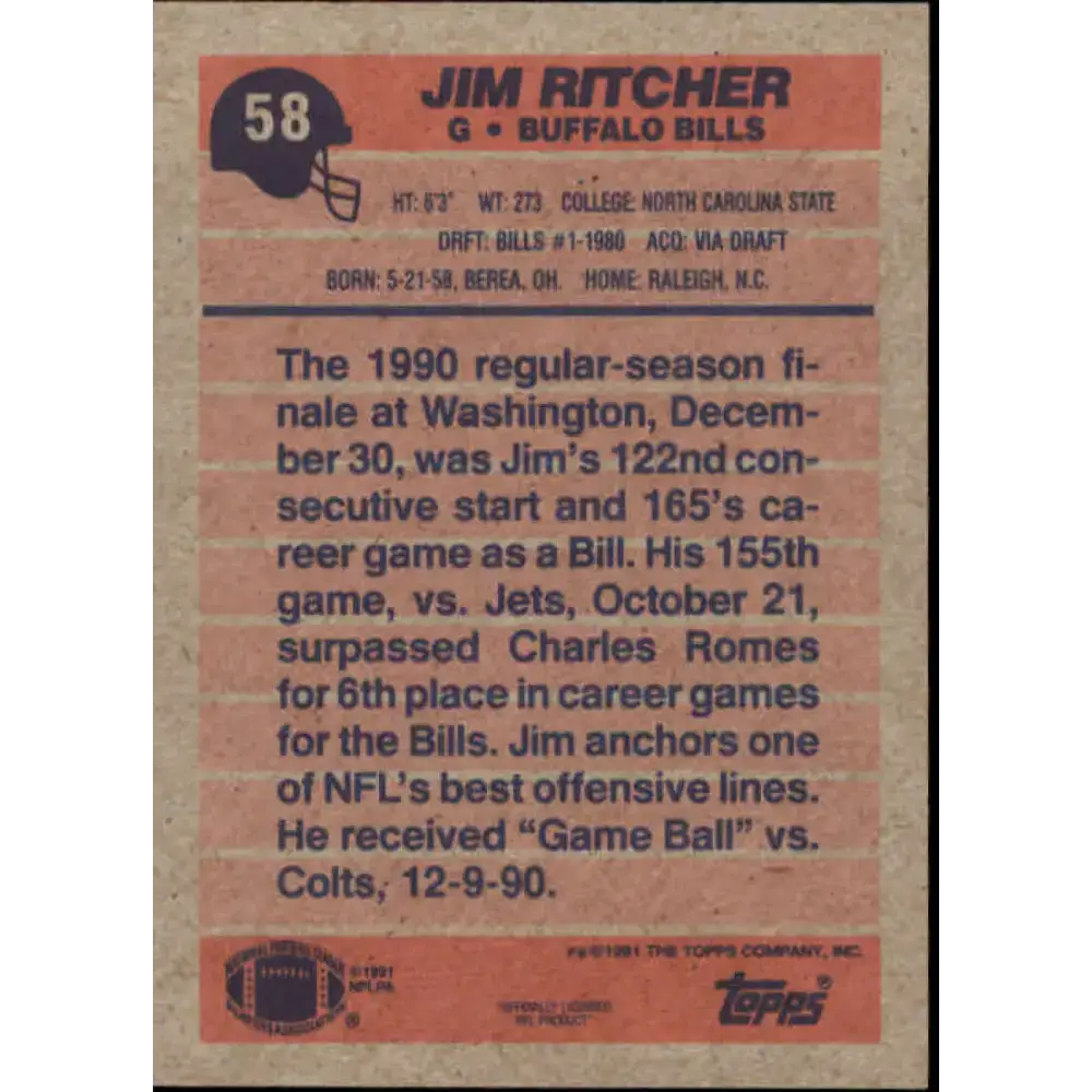 1991 Topps #58 Jim Ritcher NM-MT Buffalo Bills Football Card - Football Card Single