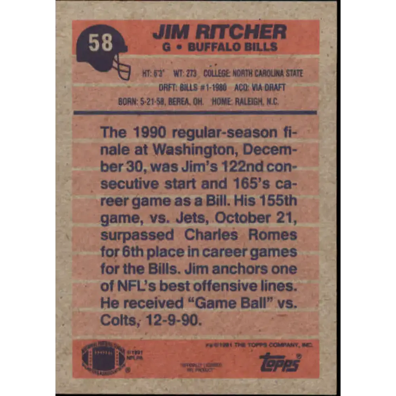 1991 Topps #58 Jim Ritcher NM-MT Buffalo Bills Football Card - Football Card Single