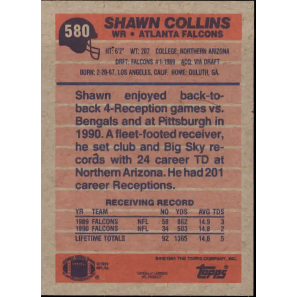 1991 Topps #580 Shawn Collins NM-MT Atlanta Falcons Football Card - Football Card Single