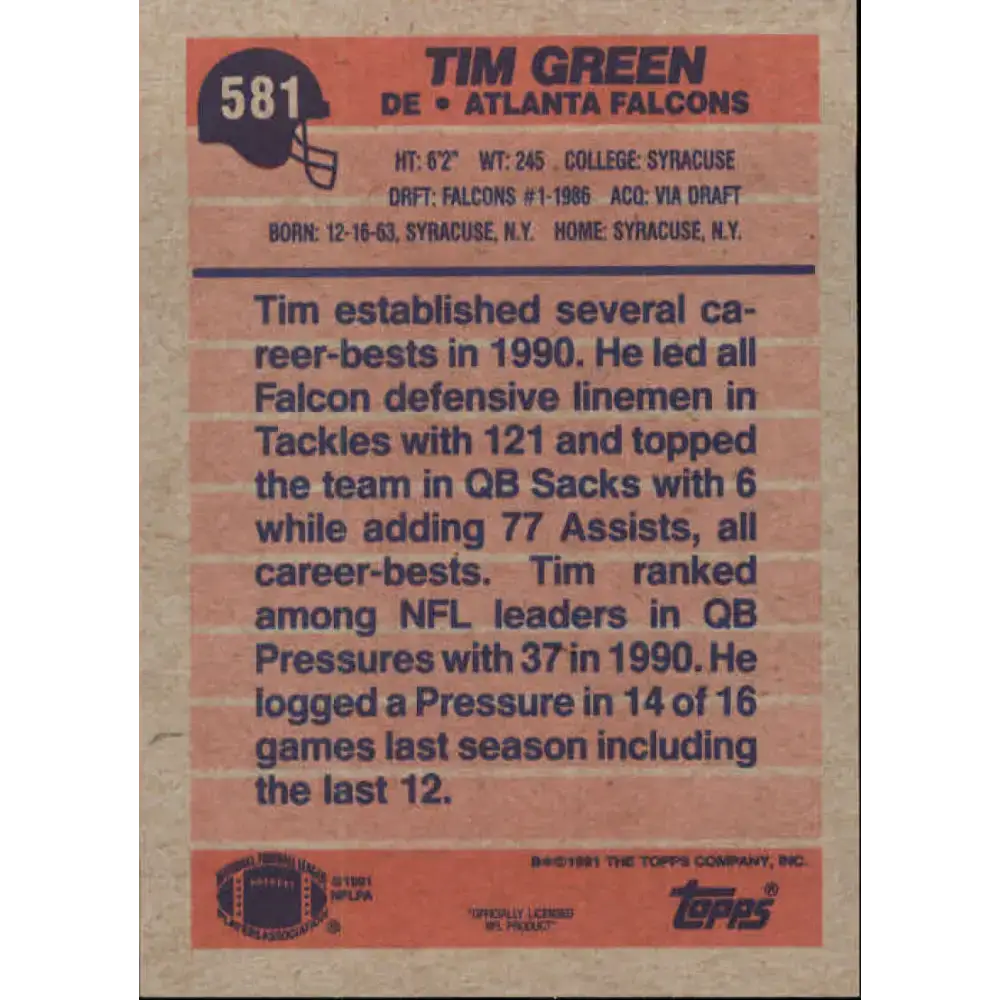 1991 Topps #581 Tim Green NM-MT Atlanta Falcons Football Card - Football Card Single