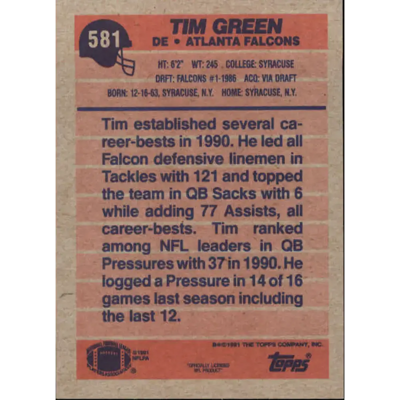 1991 Topps #581 Tim Green NM-MT Atlanta Falcons Football Card - Football Card Single