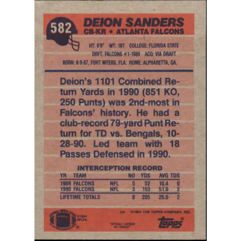 1991 Topps #582 Deion Sanders NM-MT Atlanta Falcons Football Card - Football Card Single