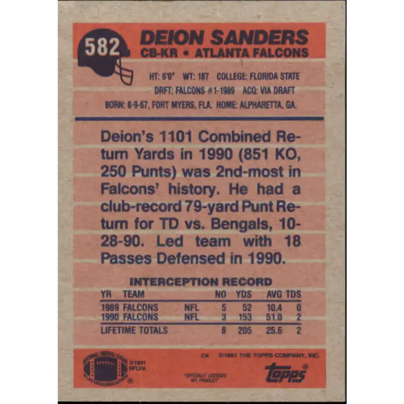 1991 Topps #582 Deion Sanders NM-MT Atlanta Falcons Football Card - Football Card Single