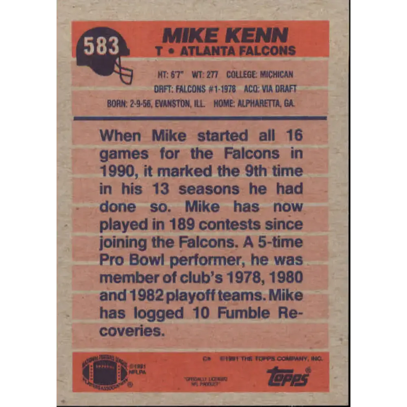 1991 Topps #583 Mike Kenn NM-MT Atlanta Falcons Football Card - Football Card Single
