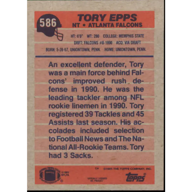 1991 Topps #586 Tory Epps NM-MT RC Rookie Atlanta Falcons Football Card - Football Card Single