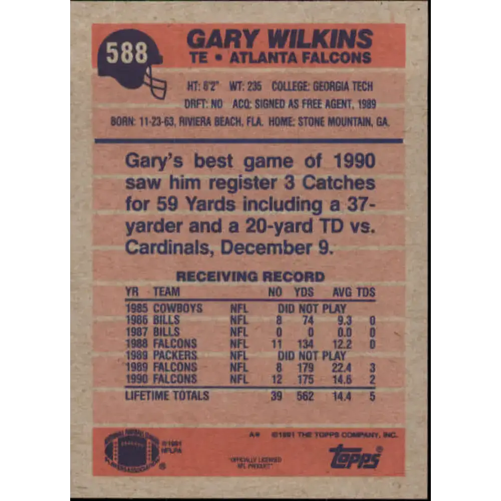 1991 Topps #588 Gary Wilkins NM-MT Atlanta Falcons Football Card - Football Card Single