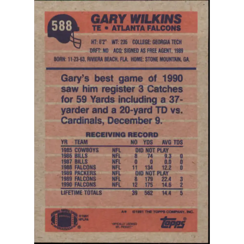 1991 Topps #588 Gary Wilkins NM-MT Atlanta Falcons Football Card - Football Card Single